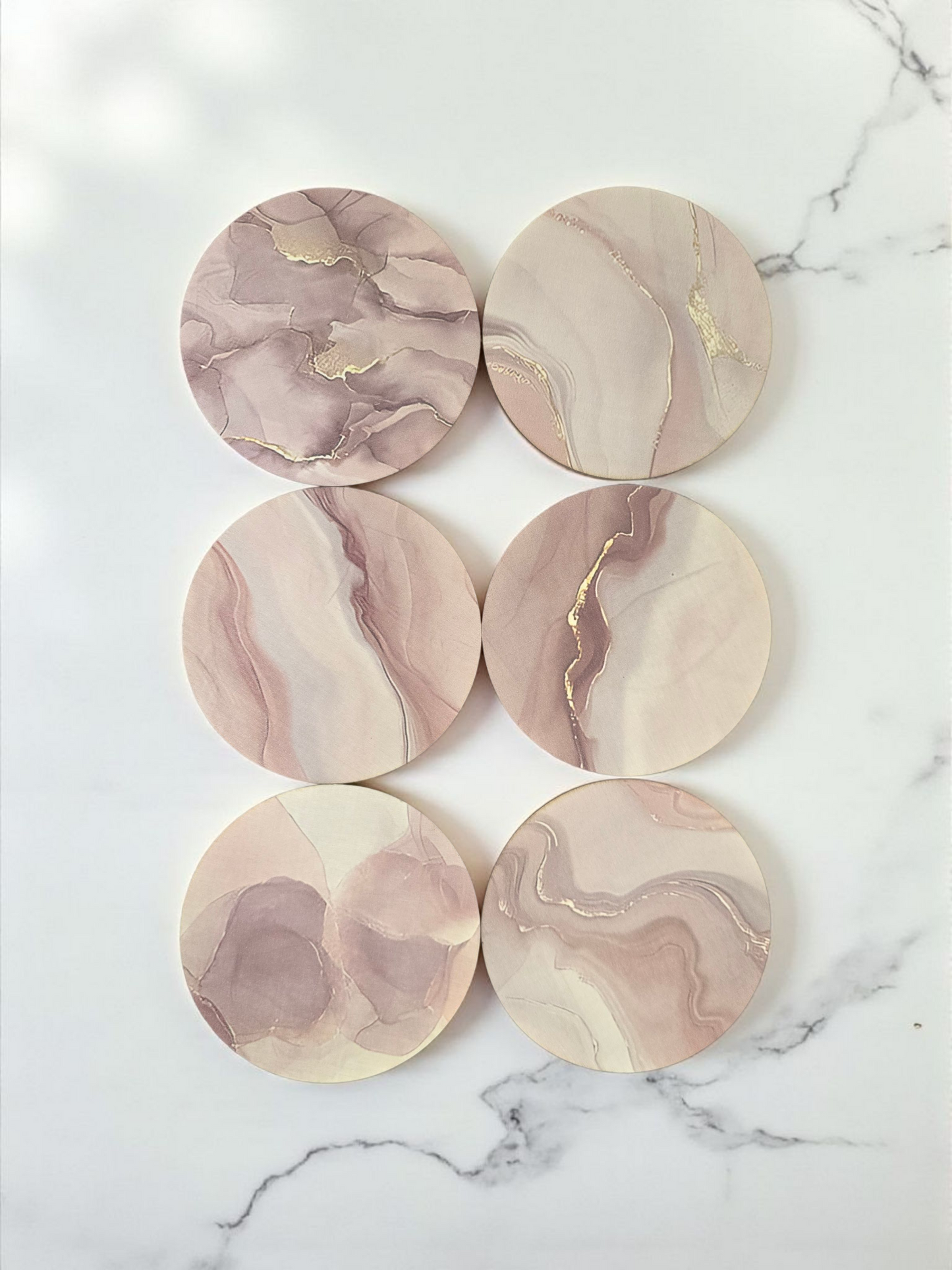 Houten Onderzetters met Roze Marmerlook – Set van 6 Stuks
