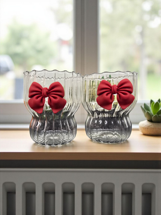 Handgemaakte Matcha Glazen Set (2 stuks) – met Strik rood