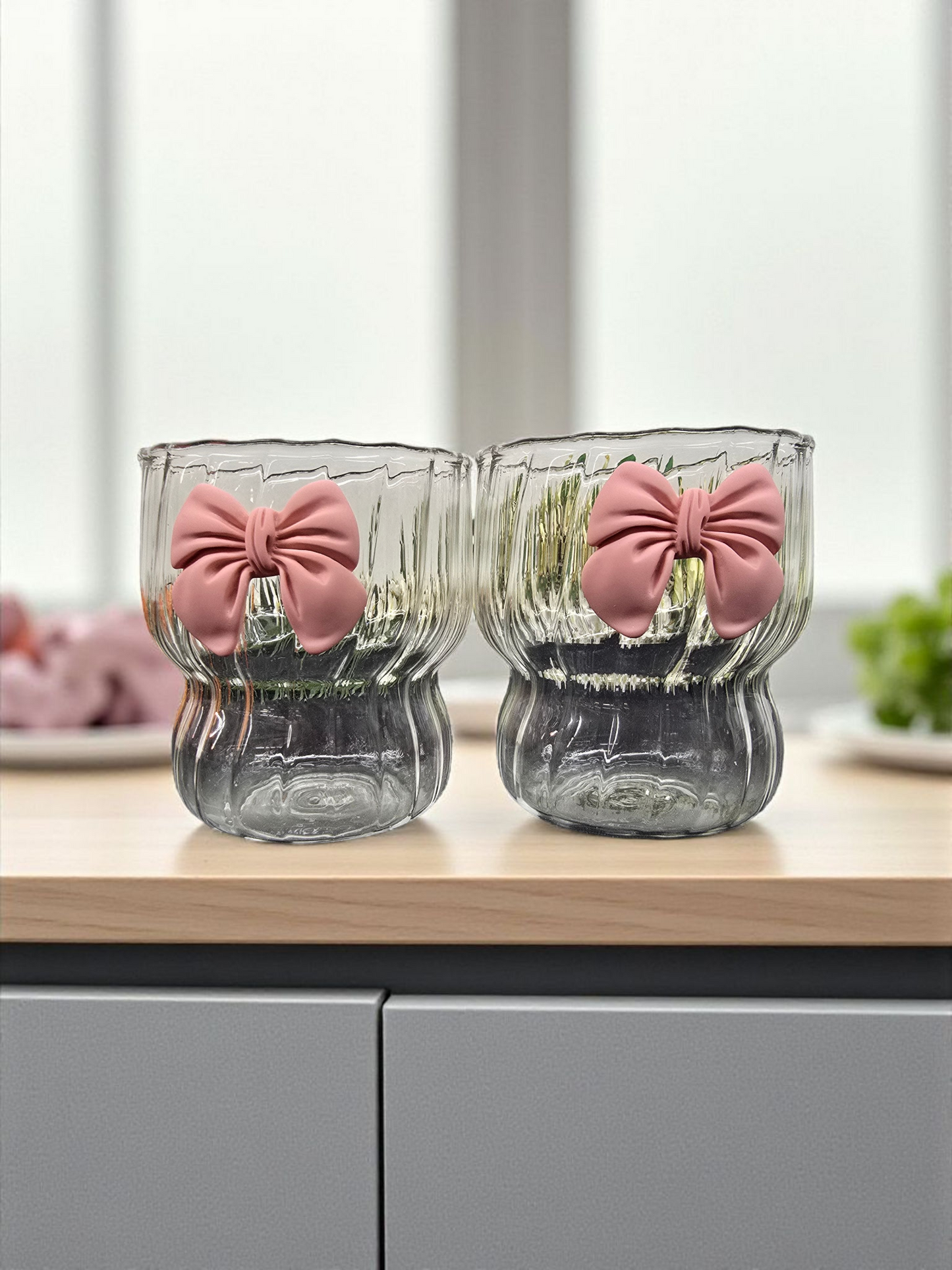 Handgemaakte Matcha Glazen Set (2 stuks) – met Strik roze