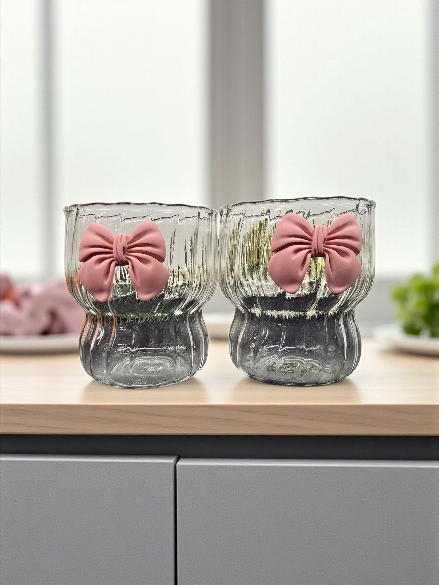 Handgemaakte Matcha Glazen Set (2 stuks) – met Strik roze