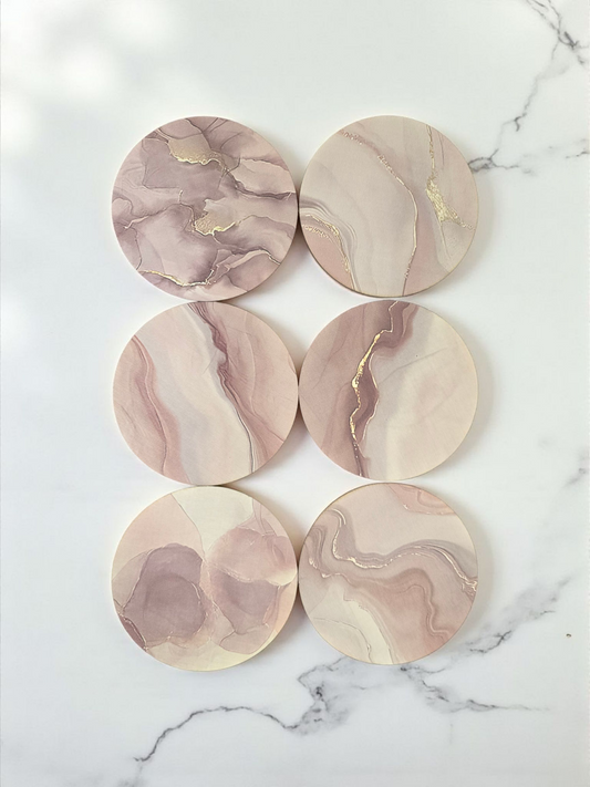 Houten Onderzetters met Roze Marmerlook – Set van 6 Stuks